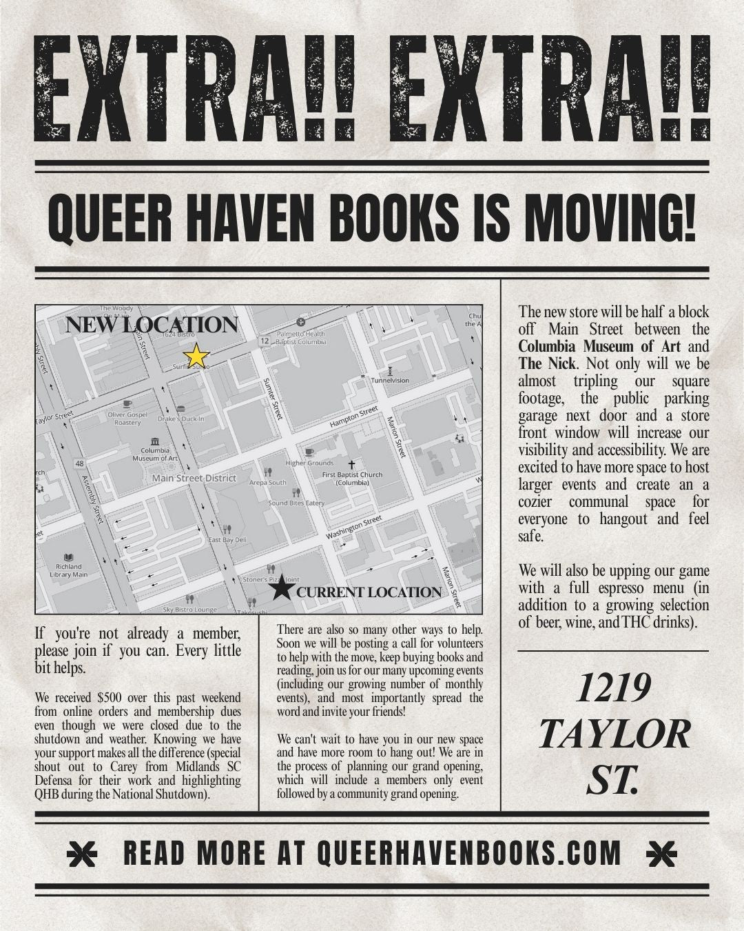 Newspaper-style announcement for Queer Haven Books moving to a new location with a map and contact information. 