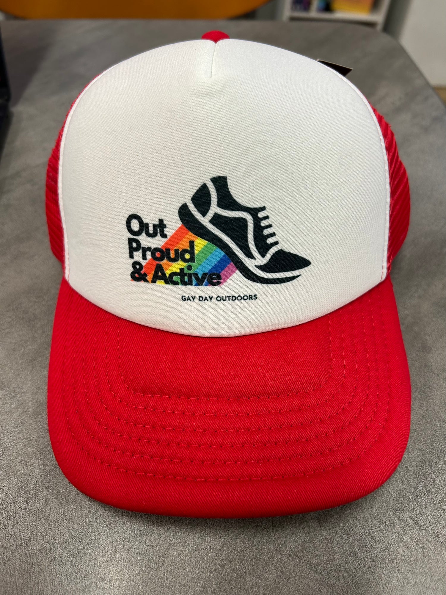 Gay Day Outdoors Out, Proud, a& Active Mesh Trucker Hat (Copy)