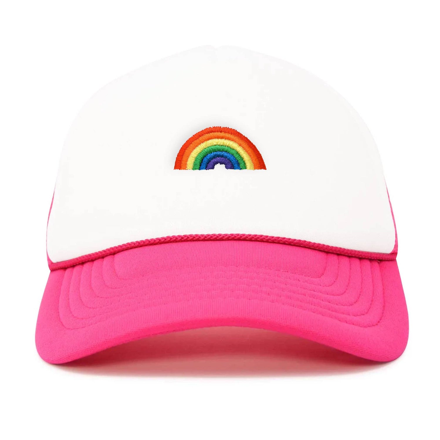 Rainbow Trucker Cap Hat - Hot Pink and White